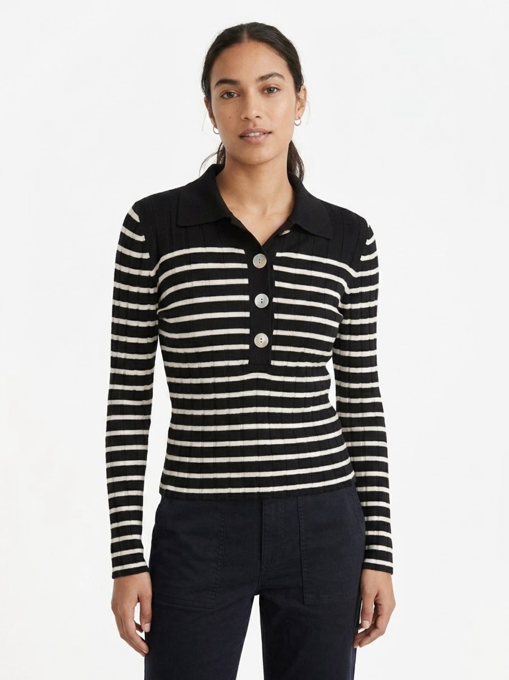 Madewell Silk Merino Wool Striped Ribbed Polo Sweater Top Black White XL